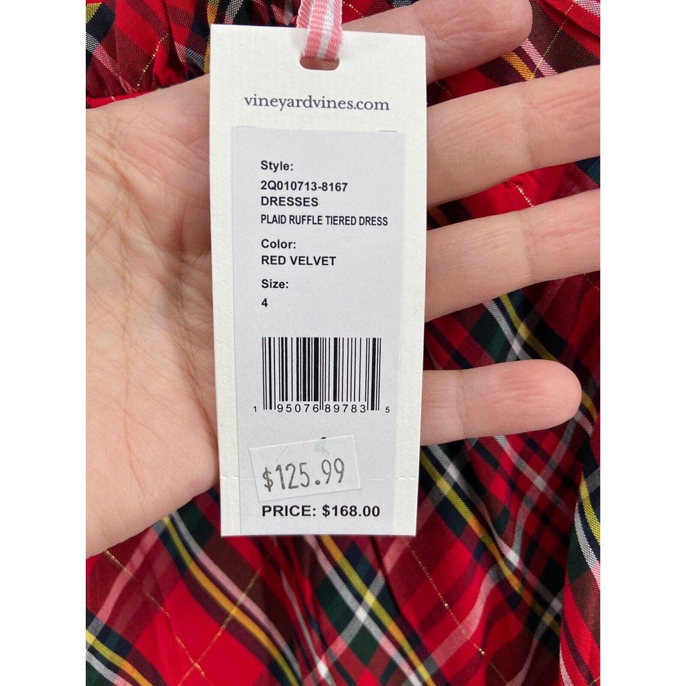 NWT Vineyard Vines Dress Girls Sz 4 Red Tartan Plaid Ruffle Cap Sleeve Midi - Picture 12 of 15